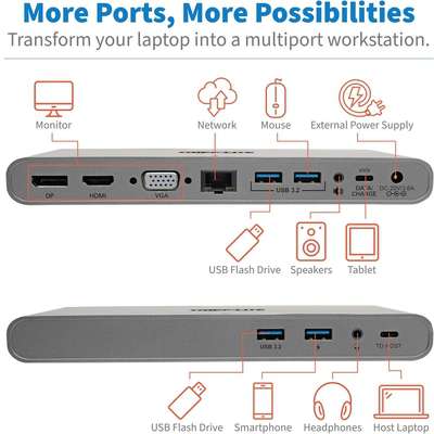 Tripp Lite U442-DOCK4-S USB-C Docking Station, HDMI, VGA, DP, USB-A/C, GbE,  100W PD Charging, Power Supply Included – 4K @ 30 Hz, Thunderbolt 3, Silver